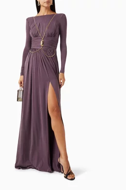 elisabetta franchi purple dress ELISABETTA FRANCHI RED CARPET DRESS IN LYCRA WITH KNOT AND LOGO ACCESSORY