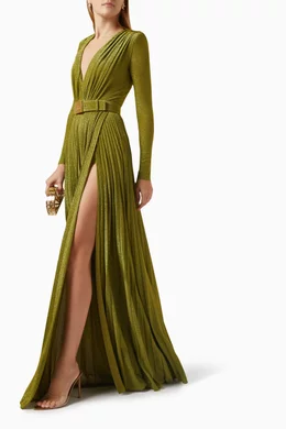 Buy Elisabetta Franchi Green Belted Maxi Dress in Lurex
