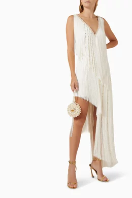 Buy Elisabetta Franchi White Embellished Fringe Midi Dress