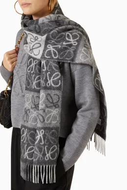 Buy LOEWE Black Checkerboard Scarf in Wool & Cashmere For