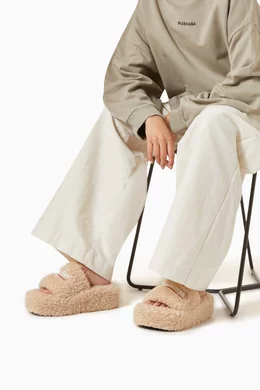 Buy Balenciaga Neutral Furry Platform Sandals in Faux Shearling