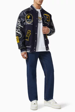 Buy A Bathing Ape Blue BAPE Patch Varsity Jacket in Wool Blend & Calf  Leather For Men Online | Ounass Saudi
