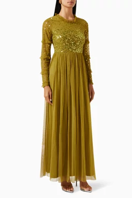 Buy Amelia Rose Green Embellished Maxi Dress in Tulle For Women