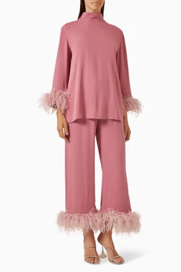 Buy Sleeper Pink Detachable Feathers Black Tie Pyjama Set in