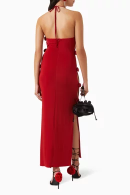 Buy Magda Butrym Red Rosette Halterneck Maxi Dress in Cupro For