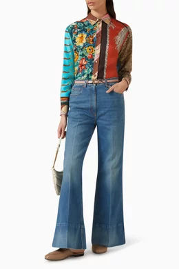 Buy Gucci Blue Flare Pants with Gucci Label in Denim For Women