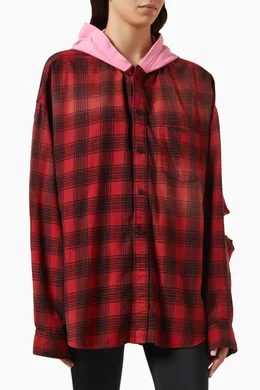 Buy Balenciaga Red Unisex Hooded Oversized Shirt in Check Flannel