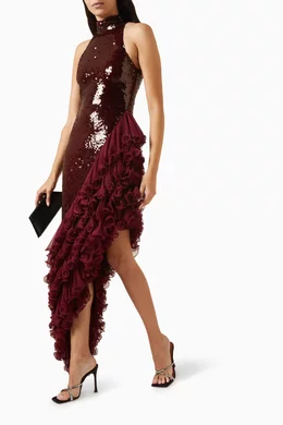 rotate burgundy dress Buy Birger Christensen Pil Sequin-embellished Halterneck For Women Online making it easy to tutu girl dress Former Nickelodeon Star Victoria Size:UK-8 ** US-9 ** EU-42