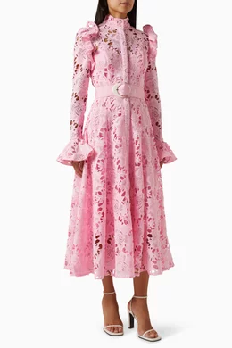 leo lin pink lace dress LEO LIN - Caroline Lace Short Sleeves Midi Dress