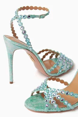 Buy Aquazzura Blue Tequila 105 Sandals in Metallic Snake-effect