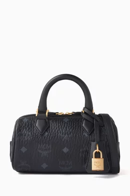 Buy MCM Black Mini Boston Bag in Visetos Canvas For Women