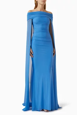 Buy Talbot Runhof Blue Off the shoulders Draped Maxi Dress in Stretch Tulle For Women Online Ounass Saudi