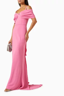 Buy Gemy Maalouf Pink Ruffle Bow Maxi Dress in Crepe For Women