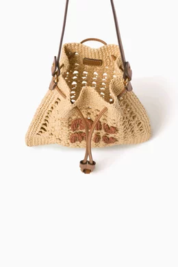 【MIU MIU】RAFFIA BUCKET BAG Mini logo raffia-effect bucket bag in brown - Miu Miu