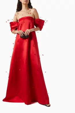 Buy Nihan Peker Red Coral Off-shoulder Maxi Dress in Satin For Women Online  | Ounass Saudi