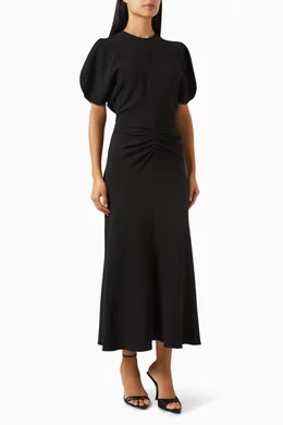 Buy Victoria Beckham Black Gathered Waist Midi Dress in Cady For