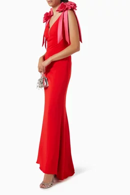 Buy Badgley Mischka Red Two-tone Rosette Column Gown in Crepe For Women  Online
