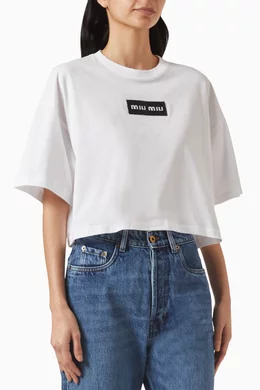 Buy Miu Miu White Embellished Logo Crop T-shirt in Cotton