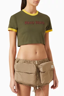 Buy Miu Miu Green Logo-patch Crop T-shirt in Cotton-jersey