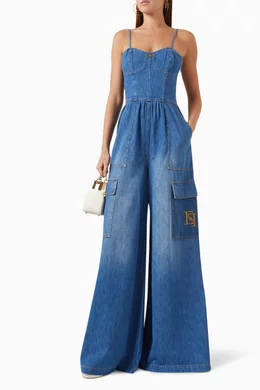 ワンピース Elisabetta Franchi Fitted Denim Jumpsuit With Floral Elisabetta Franchi Fitted Denim Jumpsuit With Floral