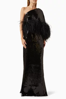 Buy 16ARLINGTON Black Alder Feather-trim One-shoulder Maxi Dress in Sequins  For Women Online | Ounass Saudi