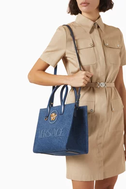 Buy Versace Blue Small La Medusa Tote Bag in Denim For Women