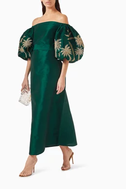 Buy Noora Hefzi Green The Signature Palm Tree Off shoulder Maxi Dress For Women Online Ounass Saudi