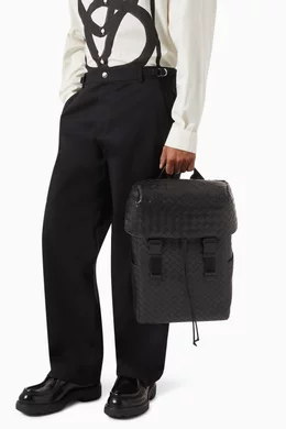 Buy Bottega Veneta Black Flap Backpack in Intrecciato Leather For