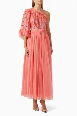 Buy Needle Thread Pink Shimmer One-shoulder Gown For Women