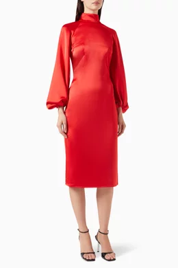 satin high neck balloon sleeve midi dress La Lune High Neck Balloon Sleeve Maxi Dress | Forest | Dresses