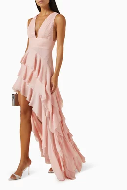 holly low neck asymmetric ruffled maxi dress Asymmetric Neckline Ruched Cut Out Maxi Dress in Black - 14 main image 1