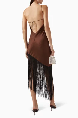 asymmetrical satin dress with fringes Asymmetrical Metallic Fringe Dress – Penelope The Label main image 0