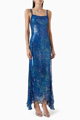 attico blue dress $2750 The Attico Women's Blue Thelma Ruffle Godet-Hem Lace Midi Dress 44