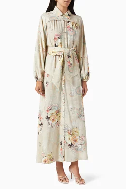 chinese dress ladies Women's Just Fell Into Place Ivory Tropical Print Linen Blend Maxi Dress | Size: L