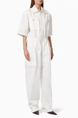 Buy SAINT LAURENT White Belted Jumpsuit in Cotton Gabardine
