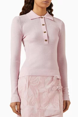 Buy Ganni Pink Mini Ribbed Polo Top in Merino Wool-knit For Women