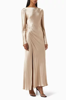 shona joy gold dress Shona Joy - La Lune High Neck Balloon Sleeve Maxi Dress - Gold