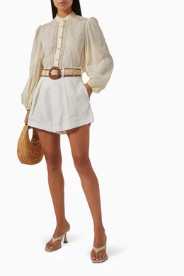 Buy Zimmermann Neutral Halliday Tuck Shorts in Linen For Women