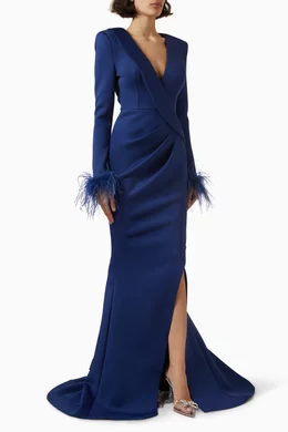 Buy Jovani Blue Feather-cuff Slit Gown in Scuba Fabric For Women Online |  Ounass Saudi