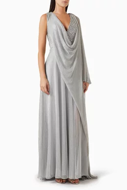 Buy Gemy Maalouf Silver Beaded V-neckline Dress in Tulle For Women