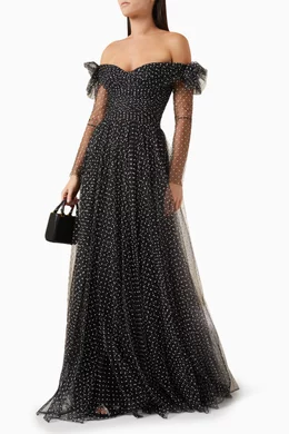 Buy Gemy Maalouf Black Off-shoulder Draped Gown in Tulle For Women