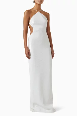 white high neck halter mini dress Dreamer | White Lace Halter-Neck Mini Dress With Oversized Bow Detail