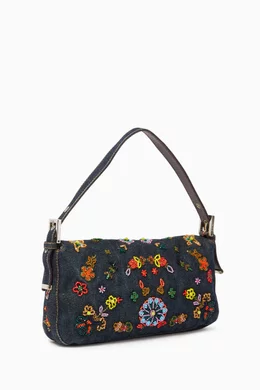 Buy Fendi Pre-Loved Blue Beaded Baguette Shoulder Bag in Denim For