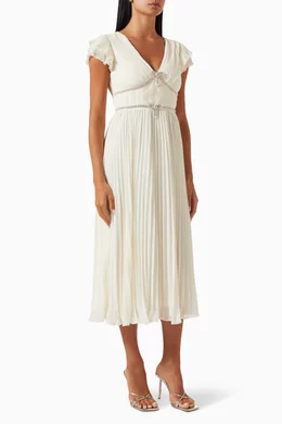 white christmas dresses Cream Chiffon Ruched Lettuce Edge Ruffle Maternity Midi Dress – PinkBlush