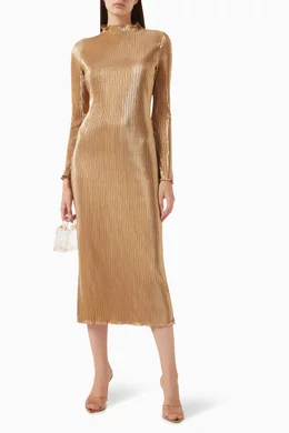 Buy Never Fully Dressed Gold Sophia Plisse Midi Dress For Women Online |  Ounass Saudi