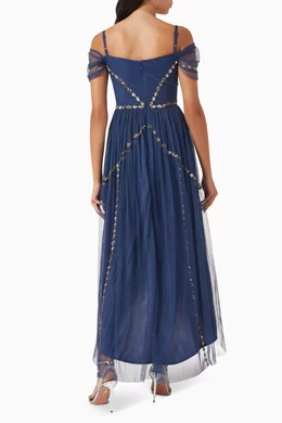 Buy Maya Blue Embellished Cold shoulder Midi Dress in Tulle For Women Online Ounass Saudi