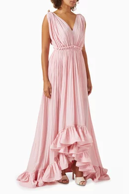 strapless open back dress Pink Long Dress With Ruffles