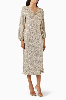 silver sequin kira wrap dress Buy Never Fully Dressed Grey Kira Sequin-embellished Wrap Midi Dress For  Women Online