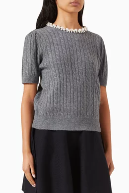 Buy SANDRO Grey Pearl embellished Sweater in Cable knit For Women Online Ounass Saudi