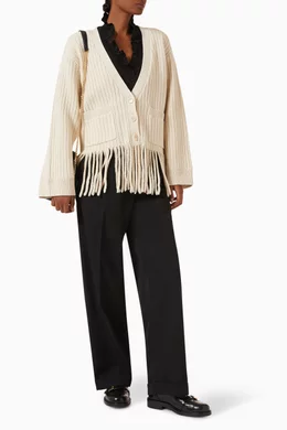Buy SANDRO White Fringe Knit Cardigan in Wool Blend For